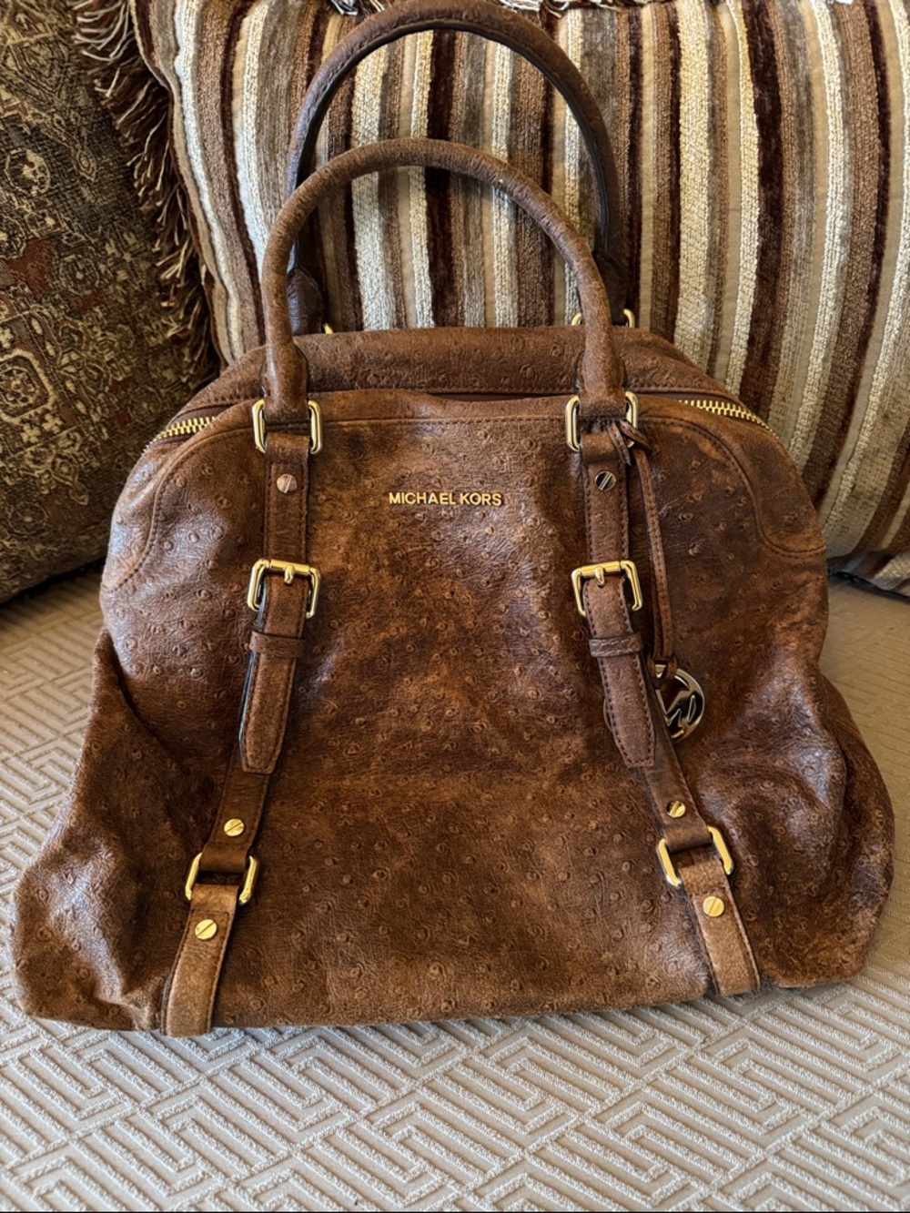 Michael Kors Brown Ostrich-Embossed Satchel with Gold Hardware